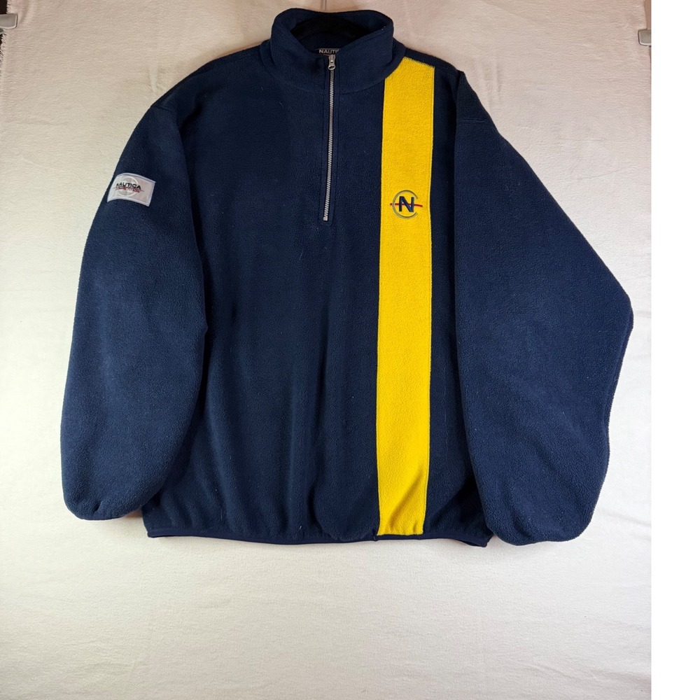 Vintage Nautica Competition Fleece Quarter Zip Navy Yellow Mens XL Made in USA